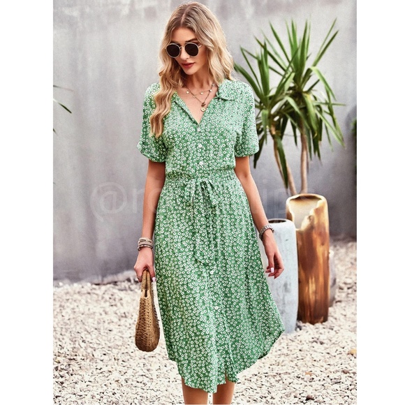 Green Floral Print Midi Dress Button Front V-Neck - Picture 12 of 16